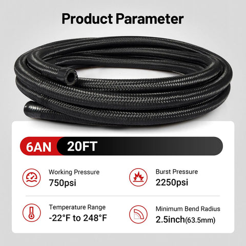 6AN Nylon Braided Fuel Line Kit 20FT Black With Fittings For Transmission Oil Cooler Fuel Return And Supply Lines