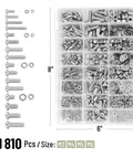 Stainless Steel Nuts And Bolts Assortment Kit, 810 Piece Diy Hardware Set With M3 M4 M5 M6 Phillips Pan Head Screws, Machine Screws, Washers, And Clear Storage Box for Home Improvement Projects, displayed with sizes and box compartments.