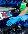 Workhorse Grade 14 Mil Thick Blue Latex Heavy Duty Industrial Work Gloves With Rock Solid Textured Grip Powder Free Chemical Resistant Multi Purpose Safety Gear Box Of Fifty X Large being worn while working on a car engine.