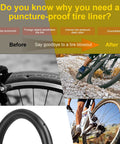 Self Adhesive Bike Tire Liner 40mm Anti Puncture Protector demonstration with bicycle tire illustration and cycling scene.