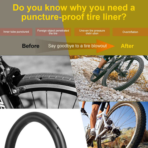 Self Adhesive Bike Tire Liner 40mm Anti Puncture Protector demonstration with bicycle tire illustration and cycling scene.