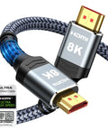 Braided HDMI cable with gold-plated connectors, blue-gray braid, 6.6 ft (2 m), Ultra High Speed HDMI.