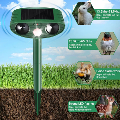 Two Pack Solar Ultrasonic Cat Deterrent With PIR Motion Sensor Waterproof Outdoor Animal Repeller For Garden And Yard That Keeps Cats, Dogs, Skunks, Raccoons, Birds And Squirrels Away green solar stake in garden
