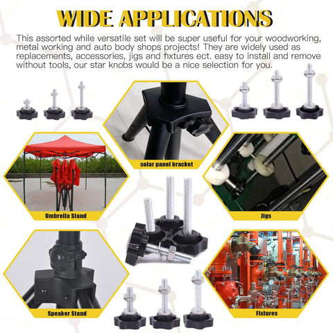 Top Shelf M4 M6 M8 Star Knob Assortment With 304 Stainless Steel Hex Nuts And Washers used in various fixtures and jigs.