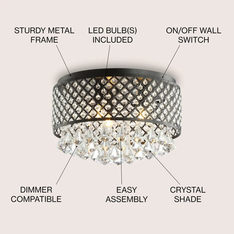 Three Light LED Flush Mount Ceiling Light with dimmable metal trellis and crystal drops, sturdy metal frame, LED bulbs, on/off switch.
