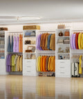 Heavy Duty Walk In Closet Organizing System With Solid Wood Drawers Adjustable Shelves Clear Room Fast Expandable Hanging Rods Easy Wall Mount Layout White showcasing organized clothing, shoes, and accessories.