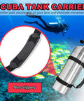 Heavy Duty Scuba Tank Carrier With 1 Inch Nylon Webbing Straps 316 Stainless Steel Fasteners Ergonomic Rubber Handle Non Slip Pad Adjustable Air Cylinder Carrier Strap Dive Flag Design Black showing friction pad and scuba diver underwater.