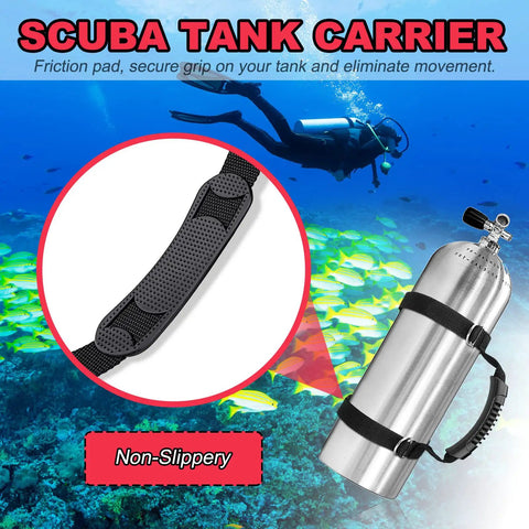 Heavy Duty Scuba Tank Carrier With 1 Inch Nylon Webbing Straps 316 Stainless Steel Fasteners Ergonomic Rubber Handle Non Slip Pad Adjustable Air Cylinder Carrier Strap Dive Flag Design Black showing friction pad and scuba diver underwater.