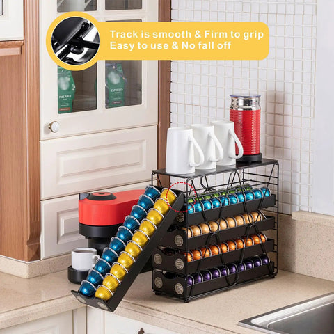 Ultra Slim 5 Point 4 Inch Wide Nespresso Pod Holder Drawer 5 Tier Multi Layer Organizer For Vertuo Pods holds 100 pods on countertop
