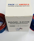 Kickass Ergonomic Plastic Hand Savers For Stretch Film Dispensing with box showing 3" cores for securing loads.