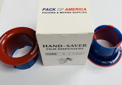 Kickass Ergonomic Plastic Hand Savers For Stretch Film Dispensing with box showing 3" cores for securing loads.