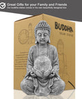 Dope Zen Solar Buddha Statue With Cracked Glass Ball Light next to packaging for garden balcony patio yard eco friendly decor