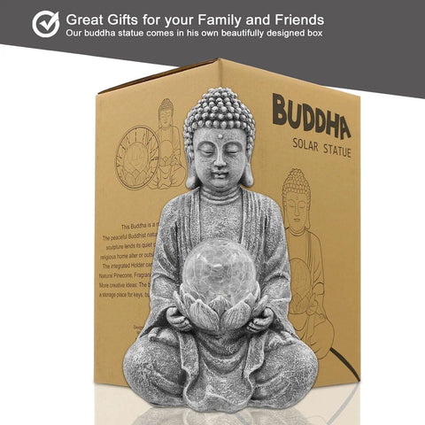Dope Zen Solar Buddha Statue With Cracked Glass Ball Light next to packaging for garden balcony patio yard eco friendly decor