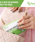 Flushable Toilet Seat Covers On The Go 50 Pack XL for adults and kids being placed in a quilted purse, ideal for travel