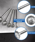 One Eighth Shank Diamond Grinding Burr Ball Shape Bits Set Of 15 Pro Grade Coarse 36 Grit displayed on a metal surface