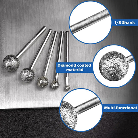 One Eighth Shank Diamond Grinding Burr Ball Shape Bits Set Of 15 Pro Grade Coarse 36 Grit displayed on a metal surface