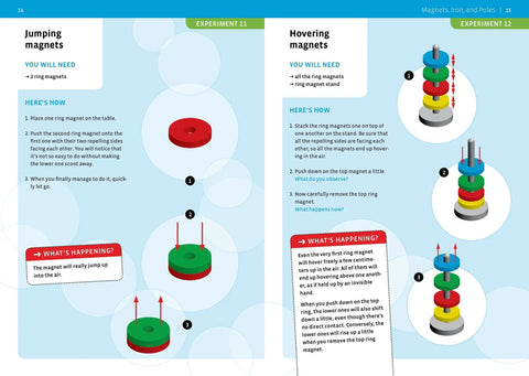 Magnetic Science Kit For Kids Ages 8 Plus With 33 STEM Experiments, page showing two magnet experiments with instructions.