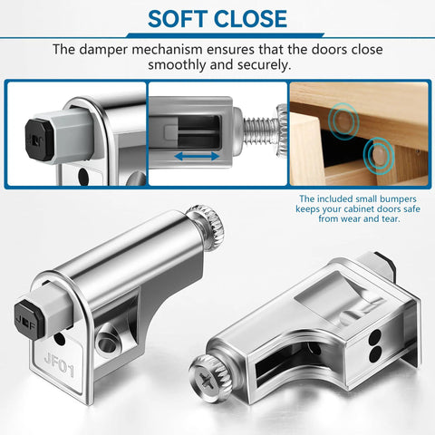 Close-up of 10 Pack Soft Close Cabinet Hinges Adjustable Hydraulic Slow Damper For Kitchen And Closet Doors showing dampers and bumpers.