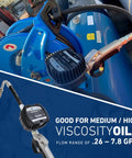 Pneumatic Oil Gun With Control Valve Half Inch Npt Inlet Mechanical Meter Registers In Quarts And Gallons Mounted on Blue Reel