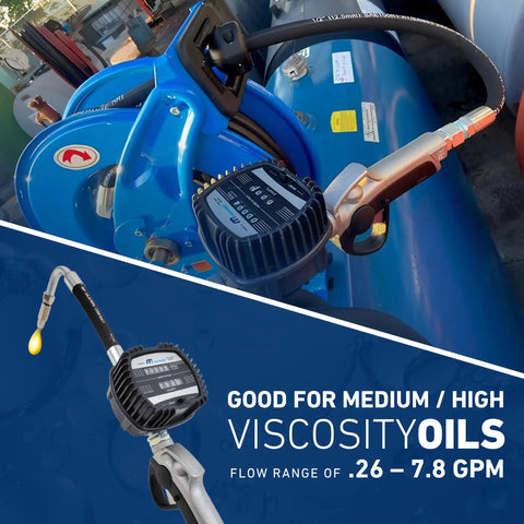 Pneumatic Oil Gun With Control Valve Half Inch Npt Inlet Mechanical Meter Registers In Quarts And Gallons Mounted on Blue Reel