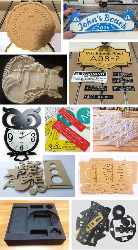 Multi-image display of various wood signs and shapes crafted with the Shop Ready Heavy Duty 4 Axis 9090 Cnc Router For Wood Engraving Milling Drilling Machine Rock Solid Build Smooth Cut Power Killer No Nonsense Industrial Worktable.