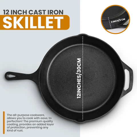 12 Inch Cast Iron Skillet With Lid Pre Seasoned Chef Pan For Indoor And Outdoor Cooking Even Heat Distribution Campfire Ready