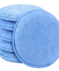 Six Pack 5 Inch Car Wax Applicator Pads, round blue microfiber pads stacked, for detailing and fine polishing
