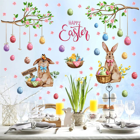 Happy Easter Totally Cute Wall Decals Set With Bunny And Eggs Tree Branch Design Peel And Stick Window Clings For Living Room Bedroom And Nursery Spring Decor Easy Peel And Stick For Quick Home Decor