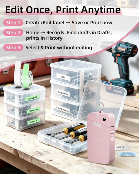 Slick Portable Bluetooth Label Maker With Wireless Tape, Compact Handheld Sticker Printer For Quick Adhesive Labels on a workbench.