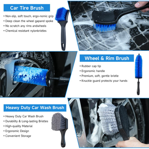 All In One 36 Piece Car Detailing Kit With Drill Brushes showing tire, wheel, and car wash brushes in action