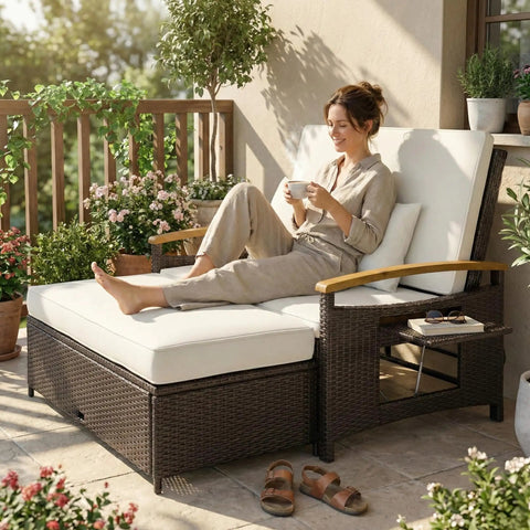 Woman relaxing on Rattan Outdoor Daybed With Storage Ottoman And Four In One Functionality Adjustable Backrest In Four Positions