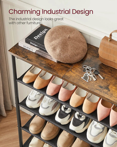Solid Multi Tier Shoe Rack Storage Organizer Holds Twelve To Sixteen Pairs With Reinforced Steel Frame And Durable Fabric Shelves showcasing stylish footwear and accessories.