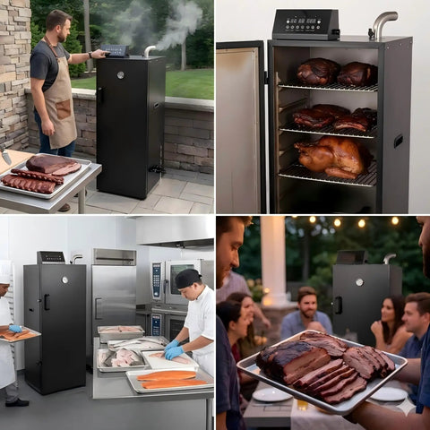 Smooth Operator Vertical Electric Smoker 1600W With Eight Hella Roomy Chrome Racks Digital Temp Control Meat Oven in use.