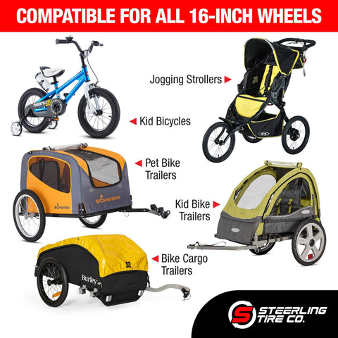 Three Pack Jogging Stroller Tire Replacement Set With Two 16x1.75 Rear Tires And One 12.5x2.25 Front Tire BPA Latex Free Butyl Rubber