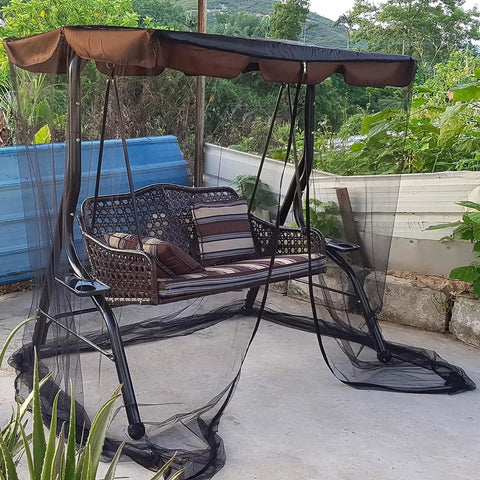 Patio Mosquito Netting With Zipper For Outdoor Use Waterproof Tent Mesh Screen For Porch Swing 3 Seater 125x205x205 Cm Keeps Bugs Out While Letting Breeze In, shown outdoors covering a brown swing.