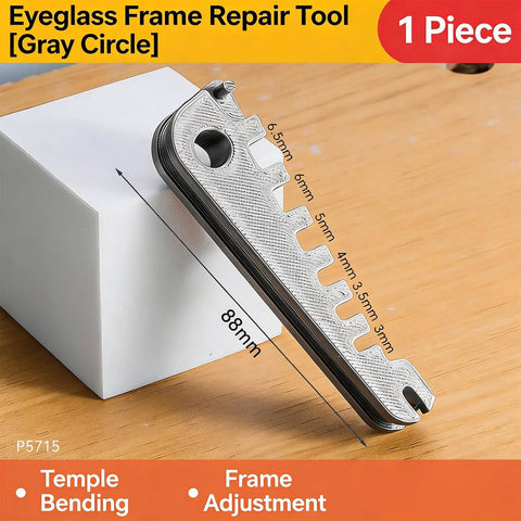 Beginner Friendly Eyeglass Frame Repair Tool For Bent Temples And Nose Pads shown with sizing guide