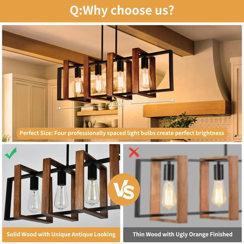 Comparison of Antique Wood Chandelier For Kitchen Island With 4 Lights, 31.5 Inch Rectangular Pendant and orange finish version