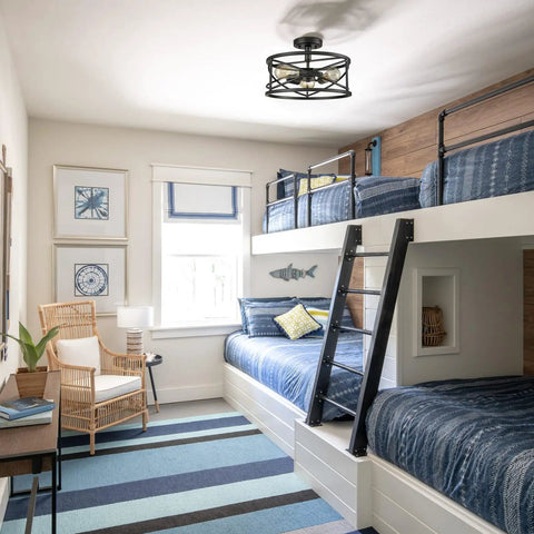 Farmhouse Black Ceiling Light 3 Light Rustic Metal Caged Fixture with Industrial Style Semi Flush Mount in a bedroom setting.