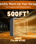 240V Electric Garage Heater 4800 Watts 16380 Btu Fan Forced Unit with adjustable thermostat in an industrial setting.