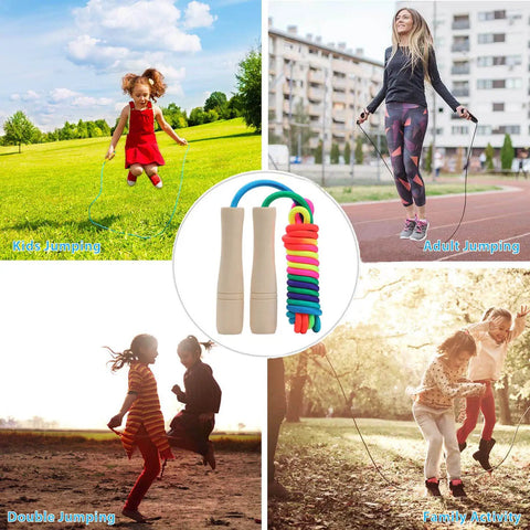 Kids Jump Rope 8.5Ft Adjustable Cotton Skipping Rope With Wooden Handle for fitness and outdoor exercise, rainbow colors shown.