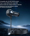 Heavy Duty Waterproof DC Power Cable With Switch And Digital Volt Meter For Cars Trucks RVs Boats 12V To 48V 16 AWG 10 FT showing voltage display and USB-C port.