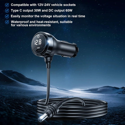 Heavy Duty Waterproof DC Power Cable With Switch And Digital Volt Meter For Cars Trucks RVs Boats 12V To 48V 16 AWG 10 FT showing voltage display and USB-C port.