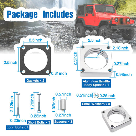 Jeep Throttle Body Spacer Kit 1068 Upgrade For 4.0L And 2.5L Engines Fits Wrangler TJ YJ 87 06 Cherokee XJ 84 01 Includes Gaskets Linkage Spacers And Hardware For Easy Bolt On Install Boosts Torque And Fuel Economy, parts layout