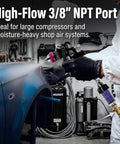 Desiccant Air Dryer System With Filter For Pneumatic Tools And HVLP Paint Guns Keeps Oil Water And Moisture Outta Your Lines Three Eighth Inch NPT Fittings Delivers Twenty Two CFM At Up To One Hundred Fifty PSI For Clean Compressed Air in automotive workshop
