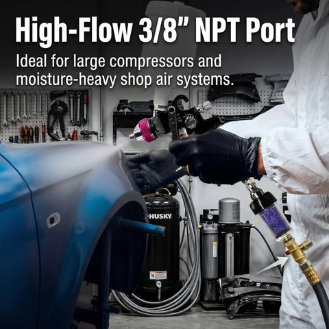 Desiccant Air Dryer System With Filter For Pneumatic Tools And HVLP Paint Guns Keeps Oil Water And Moisture Outta Your Lines Three Eighth Inch NPT Fittings Delivers Twenty Two CFM At Up To One Hundred Fifty PSI For Clean Compressed Air in automotive workshop