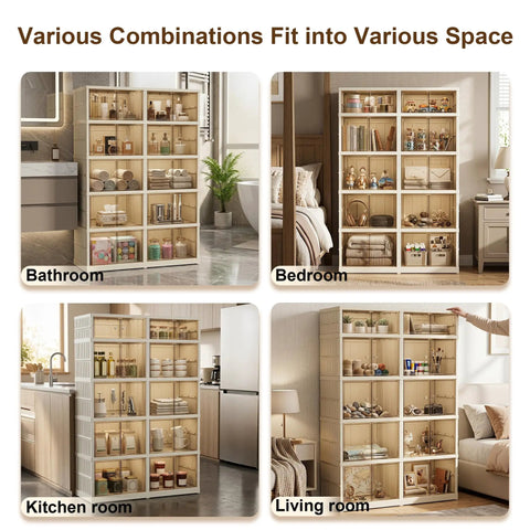 Extra Large White Plastic Collapsible Storage Bins With Tight Lids Five Tier Modular Drawer Cabinet in various rooms.