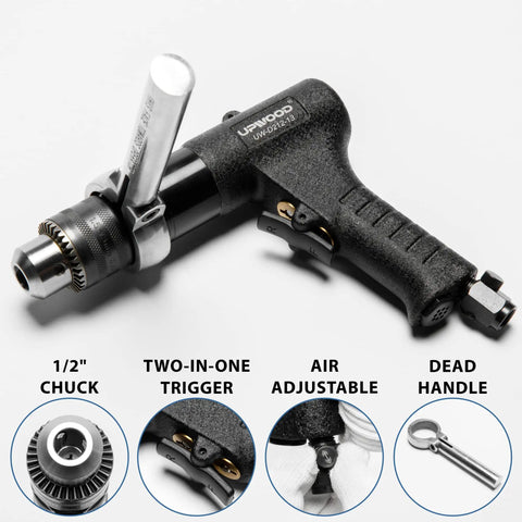 Heavy Duty Half Inch Reversible Air Drill With Pistol Grip, 700 RPM, One Hand Operation, Industrial Grade Keyed Chuck, Diffused Exhaust Blows Debris Away, Built Tough Workhorse Comfort Grip, Half Inch Capacity