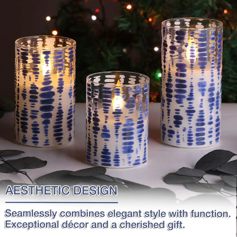 Blue Dots Flameless LED Candles In Glass Jars Set Of 3 With Remote Control Realistic Flicker Pillar Candles Battery Powered