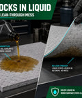 Heavy Duty Oil Absorbent Pads 15 By 20 Inches 50 Pack with liquid being absorbed, showcasing effective spill control for auto shops.