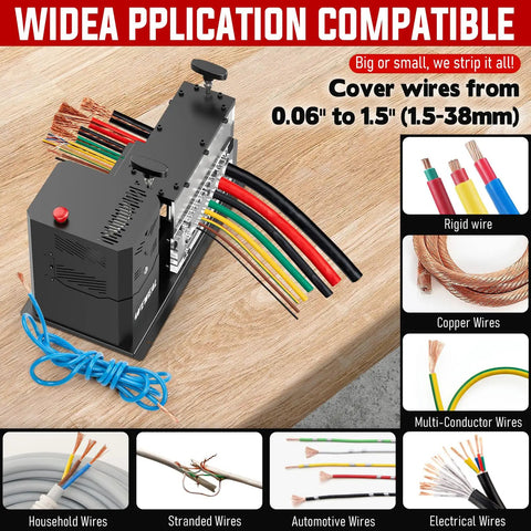 Heavy Duty Automatic Electric Wire Stripper Machine With 700W Motor And 11 Channels, stripping various wire types on a wooden surface.